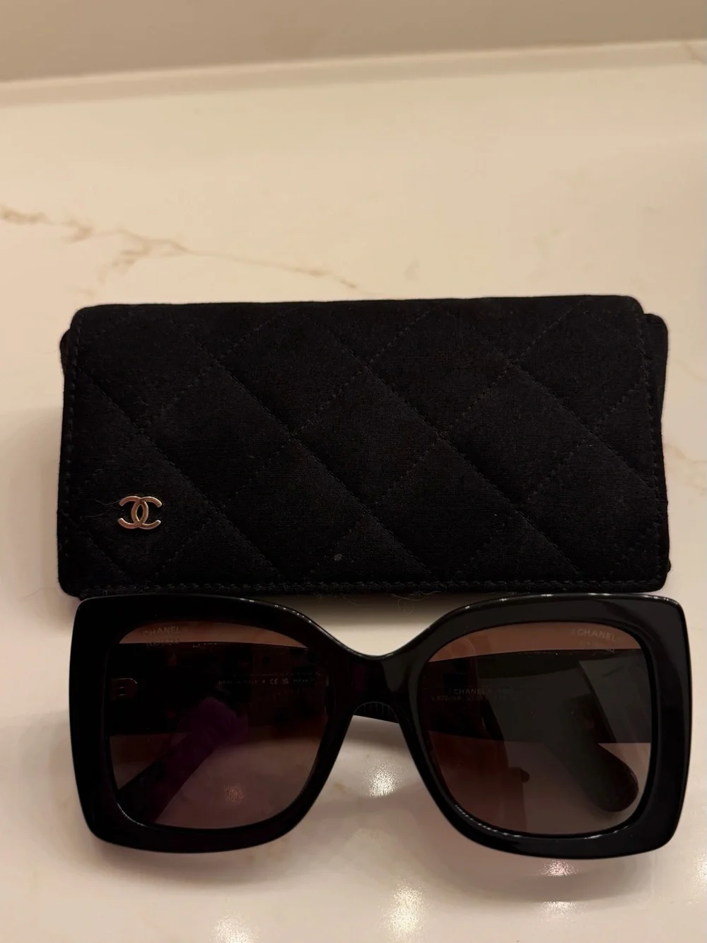 CHANEL Black Square Sunglasses with Gold CC Logos and Quilted Case